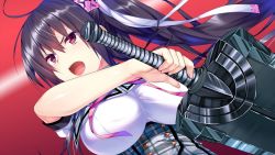 Rule 34 | 1girl, breasts, female focus, game cg, kamura masaki, kino (kino konomi), kino konomi, konomi (kino konomi), large breasts, long hair, looking away, open mouth, ponytail, purple hair, serious, shirogane x spirits, simple background, solo, sword, weapon