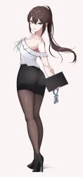 Rule 34 | 1girl, absurdres, ass, bare shoulders, black footwear, black skirt, blue eyes, breasts, brown hair, chunduk, cleavage, commentary request, commission, full body, grey background, grey pantyhose, hair between eyes, high heels, highres, holding, kneepits, large breasts, legs, long hair, looking at viewer, miniskirt, off-shoulder shirt, off shoulder, original, pantyhose, parted lips, pencil skirt, ponytail, shirt, short sleeves, simple background, skirt, smile, solo, standing, thighs, white shirt