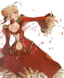 Rule 34 | 10s, 1girl, :o, ahoge, arm at side, ass, back cutout, backless outfit, blonde hair, blush, bow, breasts, butt crack, clothing cutout, contrapposto, covered erect nipples, cowboy shot, dress, epaulettes, eyebrows, fate/extra, fate (series), green eyes, hair bow, hair bun, hair intakes, highres, juliet sleeves, long sleeves, looking to the side, nero claudius (fate), nero claudius (fate) (all), nero claudius (fate/extra), open mouth, outstretched arm, petals, profile, puffy sleeves, red bow, red dress, rose petals, short hair, sideboob, simple background, single hair bun, solo, standing, tokopi, white background