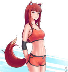 Rule 34 | 1girl, alternate costume, animal ears, arms behind back, breasts, closed mouth, collarbone, commentary, crop top, dolphin shorts, elbow pads, holo, j adsen, long hair, looking at viewer, medium breasts, navel, no pupils, orange shorts, red eyes, red hair, short shorts, shorts, sidelocks, signature, smile, solo, spice and wolf, sports bra, sportswear, stomach, tail, thighs, toned, two-tone background, white background, wolf ears, wolf tail