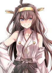 Rule 34 | &gt;:), 10s, 1girl, ahoge, aiguillette, bare shoulders, black bow, blue eyes, blush, bow, brown hair, closed mouth, collarbone, cowboy shot, detached sleeves, eyebrows, hair between eyes, hand on own hip, headgear, japanese clothes, kantai collection, kimono, kongou (kancolle), long hair, long sleeves, looking at viewer, nontraditional miko, red ribbon, ribbon, ribbon-trimmed sleeves, ribbon trim, simple background, sleeveless, sleeveless kimono, sleeves past wrists, solo, tai (nazutai), v-shaped eyebrows, very long hair, white background