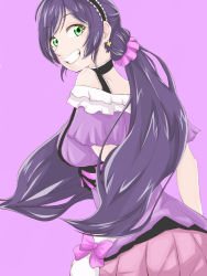 Rule 34 | 1girl, artist name, artist request, black footwear, blush, boots, bow, breasts, earrings, female focus, gloves, green eyes, heart, heart hands, jewelry, kira-kira sensation!, long hair, looking at viewer, love live!, love live! school idol project, low twintails, maid headdress, pink background, purple hair, scrunchie, smile, solo, striped, striped bow, thighhighs, tojo nozomi, twintails