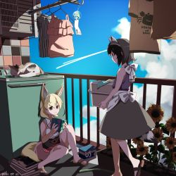 Rule 34 | 2girls, alternate costume, animal, animal ears, apron, balcony, bare arms, barefoot, black hair, blonde hair, blue sky, book, brown eyes, carrying, casual, cat, clothes, clothes hanger, cloud, common raccoon (kemono friends), contemporary, day, drying, drying clothes, extra ears, fennec (kemono friends), flower, fox ears, fox girl, fox tail, full body, grey hair, hair between eyes, highres, holding, holding book, japari symbol, kemono friends, laundry, laundry basket, looking at another, medium hair, medium skirt, miniskirt, multicolored hair, multiple girls, nanana (nanana iz), outdoors, raccoon ears, raccoon girl, raccoon tail, railing, sandals, shirt, sidelocks, sitting, skirt, sky, sleeveless, sleeveless shirt, smile, sunflower, tail, tile wall, tiles, toes, top-load washing machine, walking, washing machine, wind chime