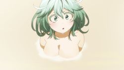 Rule 34 | 1girl, bathing, blue hair, boku no hero academia, breasts, cleavage, eyelashes, hagakure tooru, highres, large breasts, nude, parted lips, partially submerged, solo, third-party edit