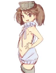 Rule 34 | &gt;:d, 10s, 1girl, :d, armpits, bad id, bad twitter id, bare arms, bare shoulders, blue sweater, blush, brown eyes, brown hair, convenient censoring, cowboy shot, cropped legs, covered erect nipples, hand on own hip, kantai collection, kawata hisashi, looking at viewer, meme attire, navel, open mouth, ryuujou (kancolle), short twintails, simple background, sleeveless, sleeveless turtleneck, smile, solo, standing, stomach, sweater, turtleneck, turtleneck sweater, twintails, v-shaped eyebrows, virgin killer sweater, visor cap, wardrobe error, white background, you&#039;re doing it wrong