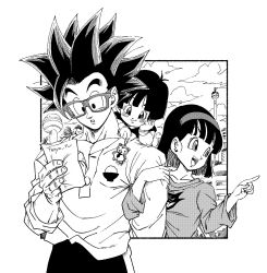 Rule 34 | 1boy, 2girls, :d, black hair, blush stickers, child, dragon ball, dragon ball super, dragon ball super super hero, family, father and daughter, fenyon, glasses, greyscale, highres, holding, holding paper, husband and wife, locked arms, monochrome, mother and daughter, multiple girls, open mouth, pan (dragon ball), paper, pointing, shirt, smile, son gohan, spiked hair, videl