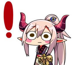 Rule 34 | !, 1girl, :|, blush stickers, bow, brown bow, chibi, closed mouth, curled horns, demon horns, emma august, grey hair, hair between eyes, high ponytail, horns, japanese clothes, kanikama, kimono, long hair, lowres, nijisanji, o o, pointy ears, ponytail, purple kimono, simple background, solo, very long hair, virtual youtuber, white background