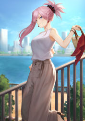 Rule 34 | 1girl, alternate costume, bag, blue eyes, blue sky, blush, breasts, casual, cityscape, commentary request, contemporary, day, earrings, fate/grand order, fate (series), grey pants, hair ornament, high-waist pants, high heels, highres, jewelry, large breasts, long hair, looking at viewer, mashuu (neko no oyashiro), miyamoto musashi (fate), outdoors, pants, pink hair, ponytail, railing, shirt, sky, sleeveless, smile, solo, swept bangs, tree, white shirt