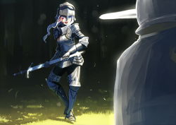Rule 34 | 1girl, armor, blood, blood on face, blue eyes, braid, braided ponytail, couter, day, erica (naze1940), full armor, gauntlets, half-swording, helmet, holding, holding sword, holding weapon, knight, open mouth, original, out of frame, plate armor, single braid, solo focus, standing, sword, teeth, tongue, tongue out, weapon, white hair