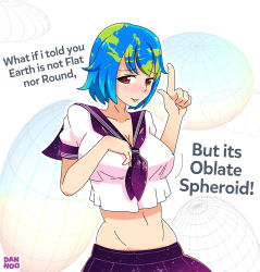 Rule 34 | 1girl, arm up, australia, black skirt, blue hair, blush, breasts, brown eyes, cowboy shot, dannoo, earth-chan, earth (planet), english text, engrish text, green hair, hand on own chest, highres, index finger raised, large breasts, looking at viewer, meme, midriff, multicolored hair, navel, neckerchief, original, personification, planet, pointing, pointing up, ranguage, sailor collar, school uniform, serafuku, shirt, short hair, short sleeves, skirt, smile, solo, symbol in eye