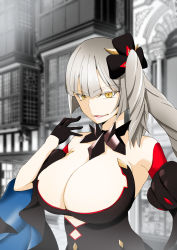 Rule 34 | black dress, black gloves, breasts, cleavage, dress, fate/grand order, fate (series), gloves, hair ornament, highres, large breasts, long hair, looking at viewer, marie antoinette (alter) (fate), marie antoinette (fate), noshigami, pale skin, side ponytail, yellow eyes