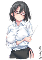 Rule 34 | 1girl, alternate costume, black hair, black skirt, blush, breast hold, breasts, crossed arms, ebifurya, glasses, hair between eyes, highres, kantai collection, large breasts, long sleeves, looking at viewer, medium hair, pointer, red eyes, shirt, simple background, skirt, solo, takao (kancolle), twitter username, white background, white shirt