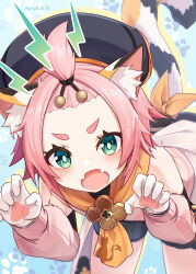 Rule 34 | 1girl, animal ear fluff, animal ears, black headwear, black shorts, blush, cat ears, cat girl, cat tail, claw pose, detached sleeves, diona (genshin impact), dress, fangs, forehead, genshin impact, gloves, green eyes, highres, leaning forward, looking at viewer, making-of available, open mouth, pink hair, short hair, shorts, skin fangs, solo, tail, topknot, twitter username, uruha (yw1109), white dress, white gloves