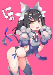 Rule 34 | 1girl, absurdres, animal ear fluff, animal ears, animal hands, arms up, ass, bell, black hair, black panties, breasts, brown eyes, cat ears, cat tail, covered erect nipples, detached collar, fake animal ears, fake tail, fate/kaleid liner prisma illya, fate (series), fur trim, garter straps, gloves, grey gloves, grey shirt, grey thighhighs, hair intakes, hair ornament, hairband, hairclip, highres, jingle bell, leaning forward, long hair, loose thighhigh, miyu edelfelt, no pants, open mouth, panties, paw gloves, pink background, ribbon, sakurayume kome, shirt, simple background, sleeveless, sleeveless shirt, small breasts, smile, solo, tail, tail ornament, tail ribbon, thighhighs, thighs, two side up, underwear