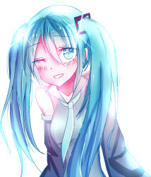 Rule 34 | 1girl, absurdres, blue eyes, blue hair, blush, detached sleeves, hair ornament, hatsune miku, heart, highres, long hair, long sleeves, looking at viewer, miku day, necktie, one eye closed, open mouth, shirt, sleeveless, sleeveless shirt, smile, solo, twintails, variant set, vocaloid, xiaosijiang
