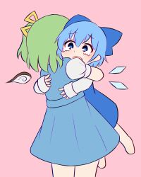 Rule 34 | 2girls, blue bow, blue dress, blue eyes, blue hair, bow, cevio, cirno, commentary, crying, daiyousei, detached wings, dress, english commentary, fairy wings, ferdy&#039;s lab, green hair, hair bow, highres, hug, ice, ice wings, kyu-kurarin (cevio), long sleeves, multiple girls, parody, pink background, short hair, short sleeves, side ponytail, simple background, touhou, variant set, wings