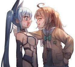 Rule 34 | 2girls, absurdres, ahoge, assertive female, blue eyes, blue hair, blush, bow, breasts, brown hair, cardigan, chinese commentary, commentary, cowboy shot, english commentary, flat chest, flustered, green bow, green eyes, hair ornament, highres, indie virtual youtuber, kabedon, live2d inc., long sleeves, medium breasts, mixed-language commentary, miyune bun, momose hiyori, multiple girls, neuro-sama, open mouth, pleated skirt, rune (dualhart), school uniform, serafuku, sidelocks, skirt, sweat, twintails, upper body, virtual youtuber, yuri