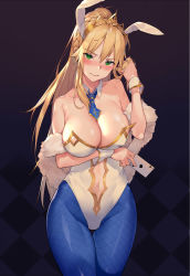 Rule 34 | 1girl, absurdres, ace (playing card), ace of spades, animal ears, artoria pendragon (all), artoria pendragon (fate), artoria pendragon (lancer) (fate), artoria pendragon (swimsuit ruler) (fate), bare shoulders, blonde hair, blue pantyhose, breasts, card, cleavage, cowboy shot, detached collar, fake animal ears, fate/grand order, fate (series), fishnets, green eyes, hair between eyes, hand up, highres, holding, holding card, large breasts, leotard, long hair, looking at viewer, necktie, pantyhose, playboy bunny, playing card, ponytail, rabbit ears, sidelocks, simple background, solo, spade (shape), virtu.al, white leotard, wrist cuffs