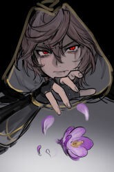 Rule 34 | 1boy, ahoge, angry, black background, brown hair, commentary, commentary request, cowboy shot, crying, crying with eyes open, empty eyes, falling petals, flower, gloves, granblue fantasy, hair between eyes, highres, hood, hood up, light frown, looking at viewer, messy hair, multicolored background, outstretched hand, petals, purple flower, purple petals, red eyes, runny makeup, sad, sandalphon (granblue fantasy), short hair, sketch, tears, tki, upper body