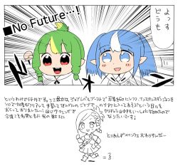 Rule 34 | 1koma, 3girls, :d, arm up, bkub duck, blue eyes, blue hair, blunt bangs, blush, braid, clenched hand, coat, comic, dashing, emphasis lines, english text, fei fakkuma, fictional persona, final fantasy, final fantasy xiv, green hair, hair bun, hair ornament, hair scrunchie, kuma jet, lalafell, multicolored hair, multiple girls, one side up, open mouth, partially colored, pouch, red eyes, robe, scholar (final fantasy), scrunchie, short hair, simple background, single hair bun, sketch, skirt, smile, speech bubble, speed lines, talking, translation request, triangle mouth, twin braids, twintails, two-tone hair, two side up, warrior of light (ff14), white background, white hair, white mage (final fantasy), white scrunchie