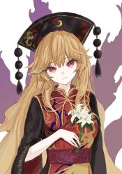 Rule 34 | 1girl, black dress, blonde hair, closed mouth, commentary, crescent print, dress, energy, energy tail, flower, highres, holding, holding flower, junko (touhou), kashiwada kiiho, long hair, long sleeves, looking at viewer, multiple tails, phoenix crown, phoenix print, pom pom (clothes), red eyes, red tabard, solo, tabard, tail, touhou, very long hair, white flower, wide sleeves