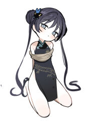Rule 34 | 1girl, absurdres, arms behind back, black dress, black hair, blue archive, blush, bound, bound arms, butterfly hair ornament, china dress, chinese clothes, double bun, dress, grey eyes, hair bun, hair ornament, highres, kisaki (blue archive), kneeling, kokaki mumose, long hair, looking at viewer, pelvic curtain, solo, twintails