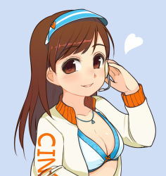 Rule 34 | 10s, 1girl, bikini, bikini top only, blush, breasts, brown eyes, brown hair, cleavage, headset, heart, idolmaster, idolmaster cinderella girls, jacket, jewelry, long hair, necklace, nitta minami, open clothes, open jacket, oza watto, parted lips, smile, solo, swimsuit, upper body, visor cap