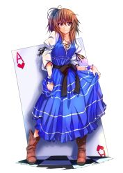 Rule 34 | 1girl, ace (playing card), ace of hearts, bad id, bad pixiv id, black ribbon, blue dress, boots, brown footwear, brown hair, card, dress, heart, highres, messy hair, oki kuro, original, playing card, red eyes, ribbon, side ponytail, simple background, smile, solo, white background, wrist cuffs