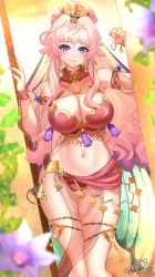 Rule 34 | 1girl, absurdres, bare shoulders, blue eyes, blush, breasts, cleavage, closed mouth, hair ornament, highres, jewelry, large breasts, lips, long hair, looking at viewer, macross, macross frontier, midriff, navel, nez-box, pink hair, see-through, sheryl nome, skindentation, smile, solo, thighlet, thighs