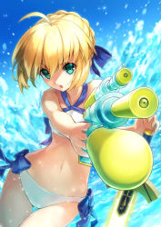 Rule 34 | 1girl, ahoge, aqua eyes, artoria pendragon (all), artoria pendragon (fate), artoria pendragon (swimsuit archer) (fate), artoria pendragon (swimsuit archer) (first ascension) (fate), bad id, bad pixiv id, bikini, blonde hair, fate/grand order, fate (series), highres, hyp, looking at viewer, navel, open mouth, saber (fate), short hair, solo, swimsuit, sword, water gun, weapon