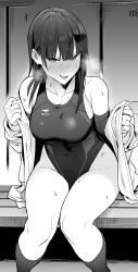 Rule 34 | 1girl, absurdres, blush, breasts, competition swimsuit, enokido (reido1177), fang, full-face blush, greyscale, highres, large breasts, long hair, looking at viewer, monochrome, one-piece swimsuit, original, sitting, skin fang, socks, solo, sweat, swimsuit, thighs