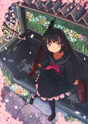 Rule 34 | 1girl, absurdres, bag, bench, black hair, black pantyhose, blush, bow, breasts, cherry blossom print, cherry blossoms, closed mouth, collarbone, floral background, floral print, flower, girls&#039; frontline, gun, hair flower, hair ornament, highres, kilabo, long hair, long sleeves, looking at viewer, pantyhose, petals, pink flower, pleated skirt, red eyes, red scarf, scarf, school uniform, serafuku, skirt, solo, submachine gun, type 100 (girls&#039; frontline), type 100 smg, weapon