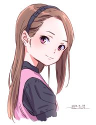 Rule 34 | 1girl, black bow, black shirt, blush, bow, brown hair, closed mouth, dated, from side, hair bow, hairband, head tilt, horikou, idolmaster, idolmaster (classic), long hair, looking at viewer, minase iori, pink eyes, pink vest, puffy short sleeves, puffy sleeves, shirt, short sleeves, signature, simple background, smile, solo, upper body, vest, white background