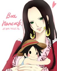 Rule 34 | 1girl, amazon warrior, big forehead, black eyes, black hair, boa hancock, doll, earrings, facial scar, female focus, green eyes, hat, highres, hug, jacket, jewelry, large forehead, lips, long hair, looking at viewer, monkey d. luffy, one piece, red jacket, scar, scar on cheek, scar on face, simple background, smile, straw hat, stuffed toy, toy, white background