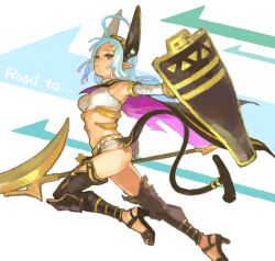 Rule 34 | 1girl, ahoge, armpits, arrow (symbol), bad drawr id, bad id, bandaged arm, bandages, black thighhighs, blue hair, breasts, brown eyes, cape, character request, closed mouth, copyright request, crop top, english text, floating, gold trim, hairband, headgear, holding, holding polearm, holding shield, holding weapon, knee pads, long hair, looking at viewer, oekaki, pointy ears, polearm, purple cape, shield, shirt, sidelocks, sideways glance, small breasts, solo, tail, tanaka pen, thighhighs, thighs, weapon, white background, white shirt