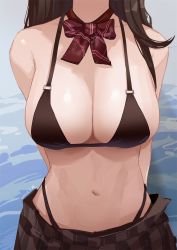 Rule 34 | 1girl, arms behind back, bare arms, bare shoulders, bikini, black bikini, black hair, bow, breast focus, breasts, faceless, highres, large breasts, long hair, original, ribbon, skirt, solo, standing, stomach, swimsuit, wangqi
