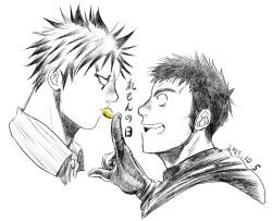 Rule 34 | 2boys, aikawa (dorohedoro), black hair, blonde hair, colored tips, couple, cropped head, dated, dorohedoro, eye contact, facial mark, greyscale, hikui mya, hood, hood down, looking at another, male focus, medium sideburns, monochrome, mouth hold, multicolored hair, multiple boys, no eyebrows, profile, risu (dorohedoro), smile, spot color, thick eyebrows, yaoi