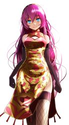 Rule 34 | 1girl, blue eyes, breasts, china dress, chinese clothes, cleavage cutout, clothing cutout, commentary, cowboy shot, dress, elbow gloves, fishnet thighhighs, fishnets, gloves, gold trim, hairband, highres, kougyoku (module), long hair, medium breasts, megurine luka, pink hair, project diva (series), purple gloves, red dress, shiny clothes, side slit, smile, solo, thighhighs, tsukishiro saika, very long hair, vocaloid, white background