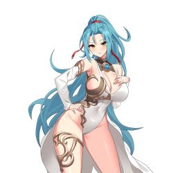 Rule 34 | 1girl, aqua hair, bare hips, bare shoulders, blush, breasts, cape, cleavage, covered navel, cowboy shot, detached sleeves, hair ribbon, hand on own chest, hand on own hip, highres, large breasts, leotard, long hair, looking at viewer, non-web source, ponytail, red ribbon, ribbon, simple background, smile, solo, sword master story, tethys (sword master story), thigh strap, thighs, white background, white cape, white leotard, white sleeves, yellow eyes
