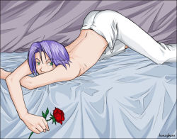 Rule 34 | 1boy, bed sheet, blue hair, creatures (company), flower, game freak, green eyes, h.m.ogburn, holding, holding flower, james (pokemon), male focus, nintendo, pokemon, pokemon (anime), purple hair, red flower, red rose, rose, topless male, signature, solo, top-down bottom-up