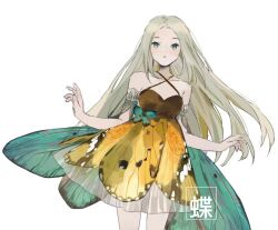 Rule 34 | 1girl, bare shoulders, bity3155660241, black dress, blonde hair, butterfly on hip, butterfly wings, collarbone, commentary, cowboy shot, criss-cross straps, detached sleeves, dress, eyelashes, frilled dress, frills, green eyes, green wings, grey sleeves, insect wings, lace-trimmed sleeves, lace trim, light blush, long hair, looking at viewer, orange dress, original, parted lips, simple background, solo, two-tone dress, very long hair, white background, wings