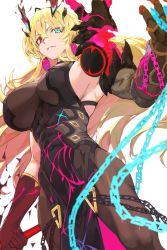 Rule 34 | 1girl, abs, absurdres, armor, bare shoulders, biceps, black dress, black gloves, blonde hair, breasts, brown pantyhose, chain, covered navel, dress, earrings, elbow gloves, barghest (fate), barghest (second ascension) (fate), fate/grand order, fate (series), gauntlets, gloves, green eyes, haimura kiyotaka, heterochromia, highres, horns, jewelry, large breasts, long hair, looking at viewer, muscular, muscular female, pantyhose, pauldrons, pelvic curtain, red eyes, shoulder armor, sideboob, single gauntlet, single pauldron, solo, sword, thick thighs, thighs, weapon
