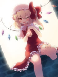 Rule 34 | 1girl, ascot, backlighting, barefoot, blonde hair, bow, dress, feet, flandre scarlet, foot focus, gengetsu chihiro, gradient background, hair bow, hat, highres, looking at viewer, mob cap, one eye closed, open mouth, outstretched foot, red dress, red eyes, side ponytail, sitting, smile, soles, solo, spread toes, toes, touhou, wings