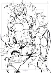Rule 34 | 1boy, abs, belial (granblue fantasy), black hair, boots, bulge, erection, erection under clothes, feather boa, granblue fantasy, greyscale, haiki (tegusu), looking at viewer, male focus, manly, monochrome, nipples, open clothes, open mouth, open shirt, shirt, simple background, sitting, sketch, solo, toned, toned male, white background