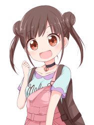Rule 34 | 1girl, :d, backpack, bag, black choker, black hair, blue shirt, brown eyes, choker, clenched hand, clothes writing, collarbone, double bun, hair bun, hand up, heart, heart choker, highres, idolmaster, idolmaster shiny colors, looking at viewer, miyamaki, open mouth, overalls, pink overalls, shirt, short sleeves, sidelocks, simple background, smile, solo, sonoda chiyoko, twintails, upper body, white background