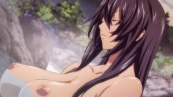 Rule 34 | 1girl, animated, animated gif, blush, breasts, closed eyes, hair over one eye, ikkitousen, kan&#039;u unchou, large breasts, long hair, nipples, nude, purple hair, solo, upper body