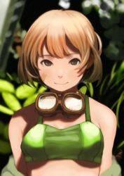 Rule 34 | 10s, 1girl, alternate costume, bad id, bad twitter id, bandaid, bandaid on face, bikini, blurry, bokeh, brown hair, depth of field, do (artist), goggles, goggles around neck, kantai collection, looking at viewer, oboro (kancolle), short hair, smile, solo, swimsuit