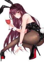 Rule 34 | 1girl, absurdres, alcohol, animal ears, ass, bare shoulders, black leotard, blush, breasts, closed mouth, coffeedog, cup, drinking glass, fake animal ears, fate/grand order, fate (series), fishnet pantyhose, fishnets, hair between eyes, high heels, highres, large breasts, leotard, long hair, looking at viewer, official alternate costume, pantyhose, playboy bunny, pumps, purple hair, rabbit ears, rabbit tail, red eyes, scathach (fate), scathach (piercing bunny) (fate), simple background, smile, solo, squatting, strapless, strapless leotard, tail, thighs, white background, wine, wine glass, wrist cuffs