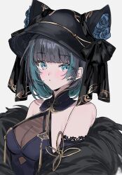 Rule 34 | 1girl, animal ears, aogisa, aqua eyes, aqua hair, azur lane, bare shoulders, black hair, black hat, blue hair, blush, breasts, cheshire (azur lane), cheshire (cait sith crooner) (azur lane), china dress, chinese clothes, cleavage, closed mouth, dress, fake animal ears, feather boa, fedora, flower, hat, hat flower, highres, large breasts, looking at viewer, multicolored hair, official alternate costume, see-through, see-through cleavage, short hair, simple background, sleeveless, sleeveless dress, solo, streaked hair, white background