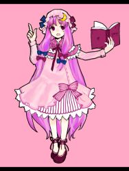 Rule 34 | 1girl, adapted costume, ankle lace-up, bad id, bad pixiv id, book, bow, capelet, cross-laced footwear, female focus, hair bow, hat, letterboxed, long hair, multiple hair bows, open mouth, patchouli knowledge, pink background, pointing, pointing up, purple hair, ribbon, simple background, smile, solo, standing, sweatdrop, tan (tangent), ted (artist), touhou, very long hair
